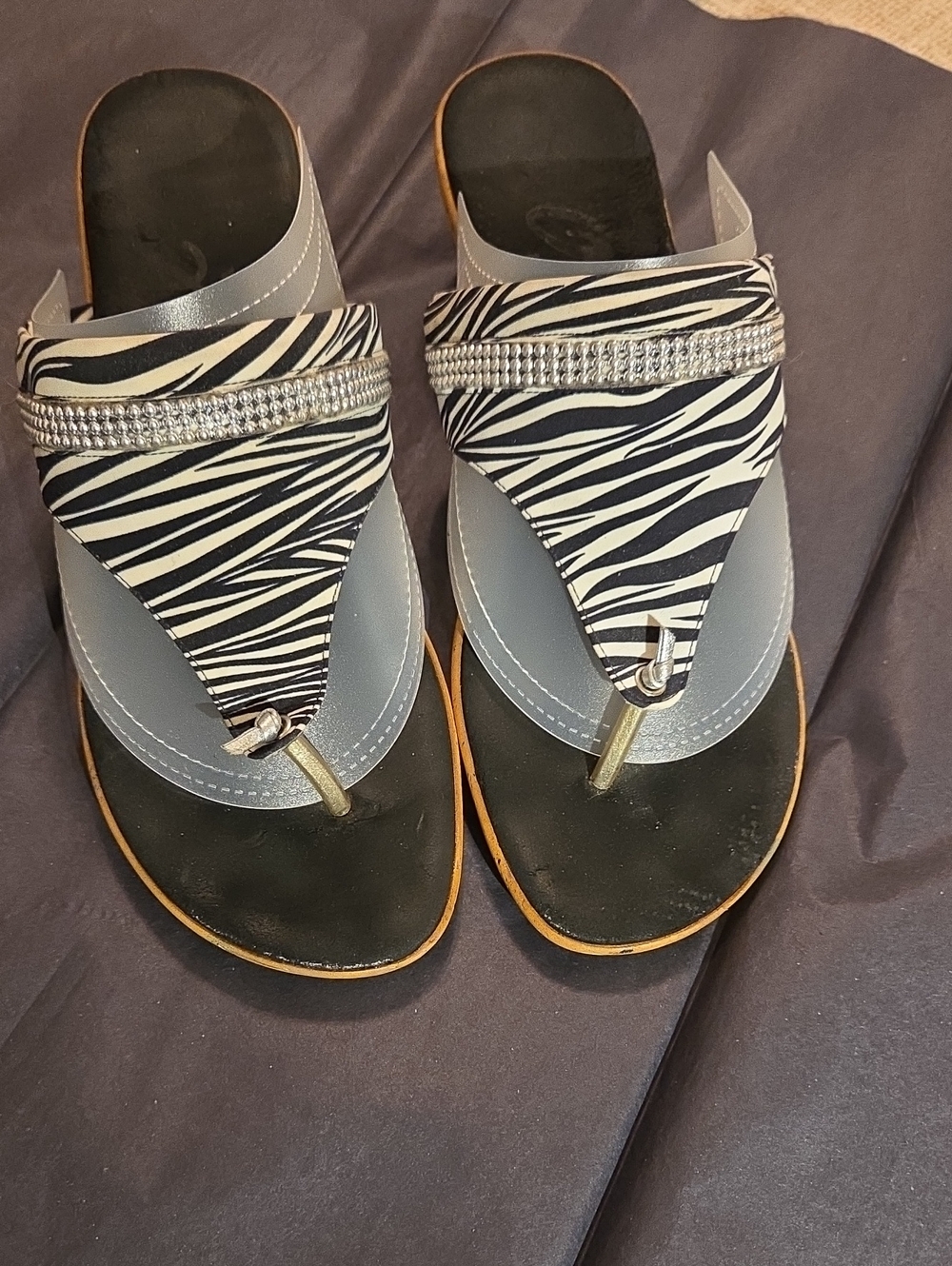 Onex Black and White Zebra-Print Thong Sandals with Rhinestone Trim